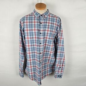 Columbia Button Down Shirt Men's L Blue Red Plaid Button Down Collar Long Sleeve